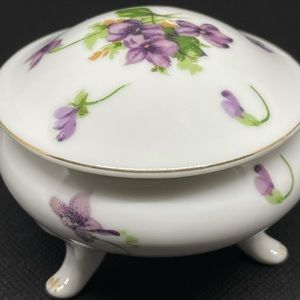 Vintage Norcrest violets footed trinket dish with lid.